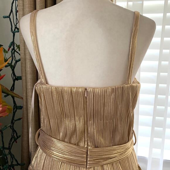 Ieena for Mac Duggal Sleeveless Square Neck Tiered Ruffled Detail Dress in Gold - Picture 8 of 13